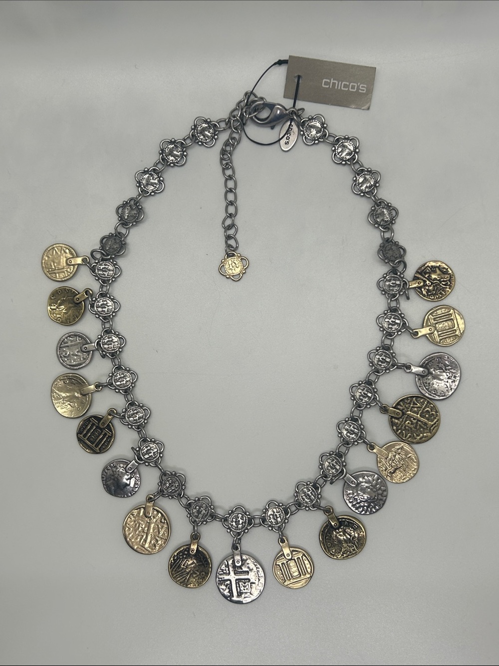 Chico's Two-Tone Coin Charm Collar Necklace - Silver & Gold